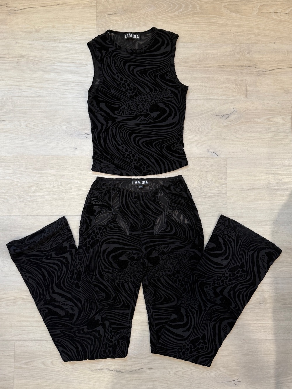 I.AM.GIA Black Animal-Print Mesh Top and Pants Two-piece Set